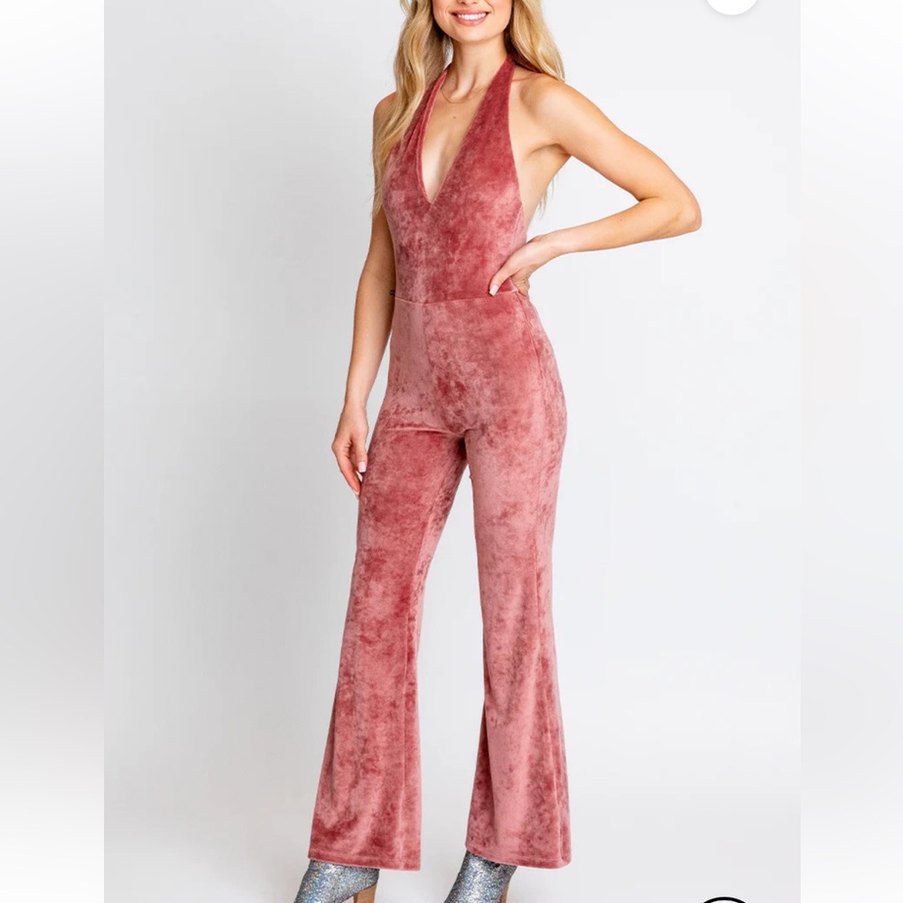 Velvet Plunge Halter Jumpsuit in Rose